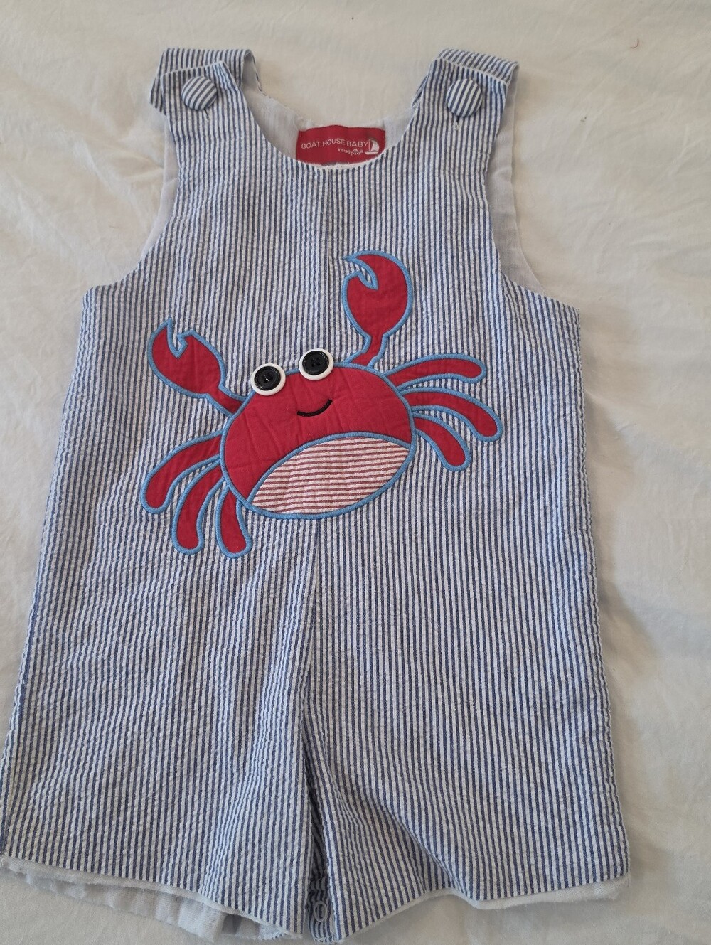 MudPie Boys Blue And White Crab Seersucker Romper Jon 18m